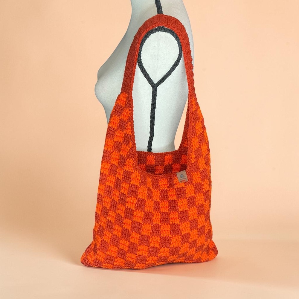 Handmade Orange & Clay Checker Checkerboard Crochet Shoulder Tote Bag